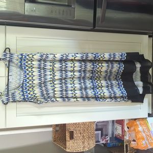 Kim Rogers dress. 2x. High-low. Blue, yellow, black print.